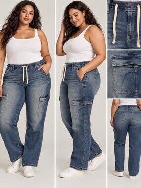Torrid Weekend Boyfriend Cargo Jeans Size 1R Blue Stretch Drawstring